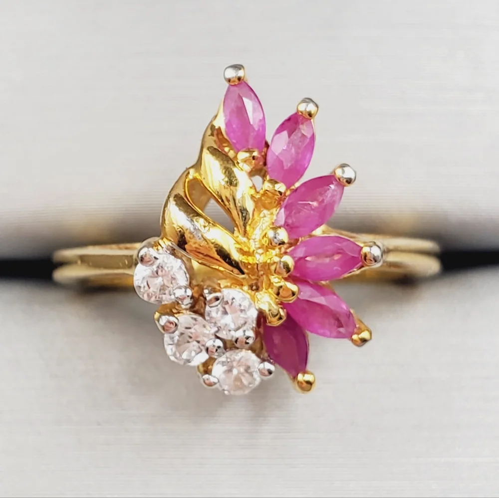Genuine Marquise Pink Ruby - Simulated Diamonds - 18k Yellow Gold Plated Ring
